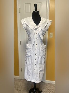 Vintage 80’s Sailor Style White Button-Front Tie Collar Midi Dress